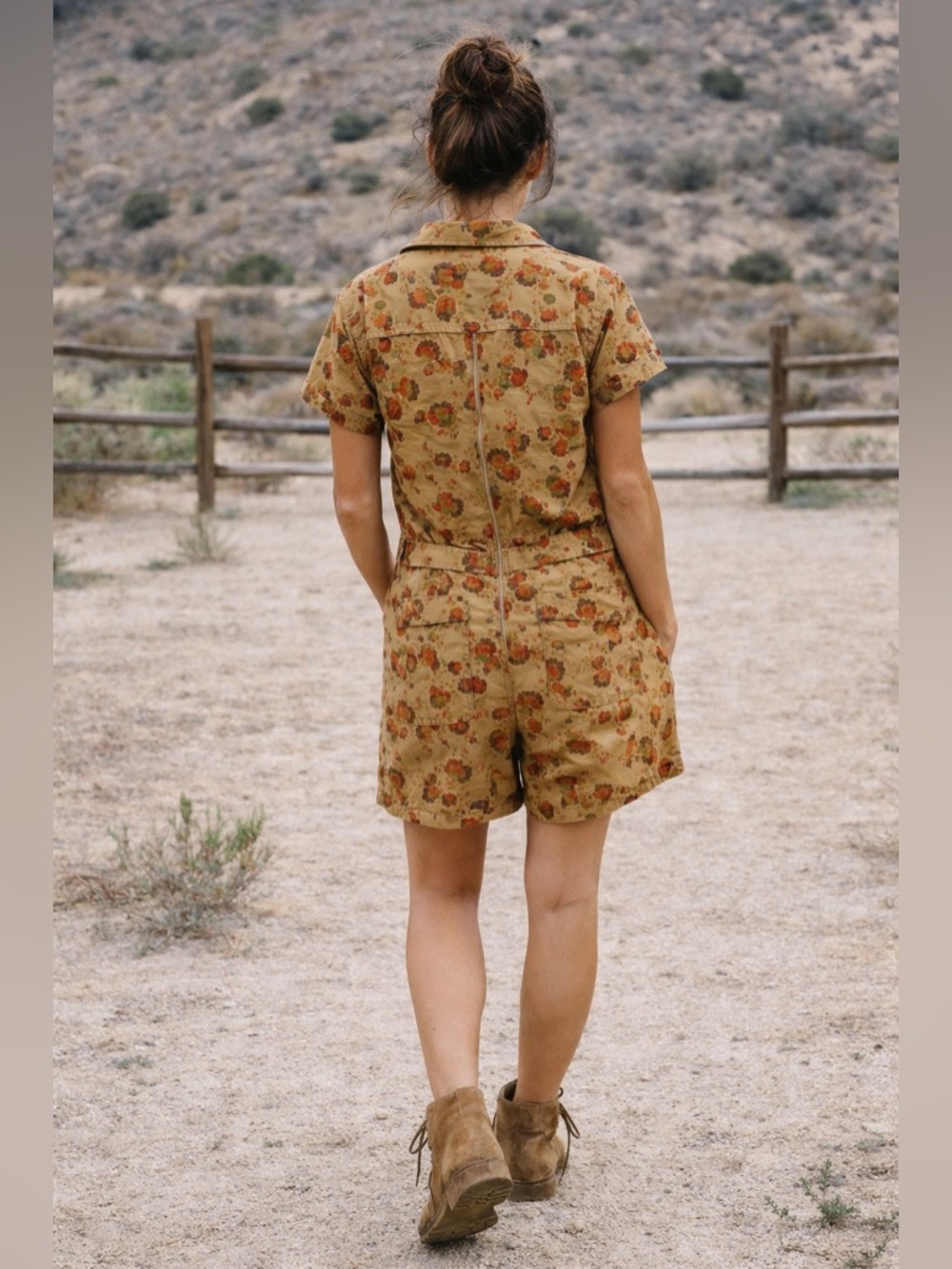 Toad&Co zip-front utility romper in a unique earthy floral print.